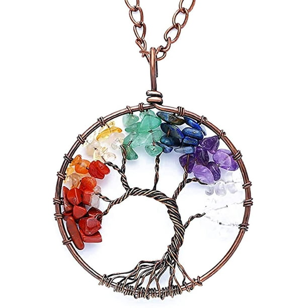 7 Chakra Tree Of Life Pendant Necklace Natural Crystal Quartz Stone Copper Bead